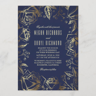 Gold Foil Roses and Baby's Breath Navy Wedding Invitation