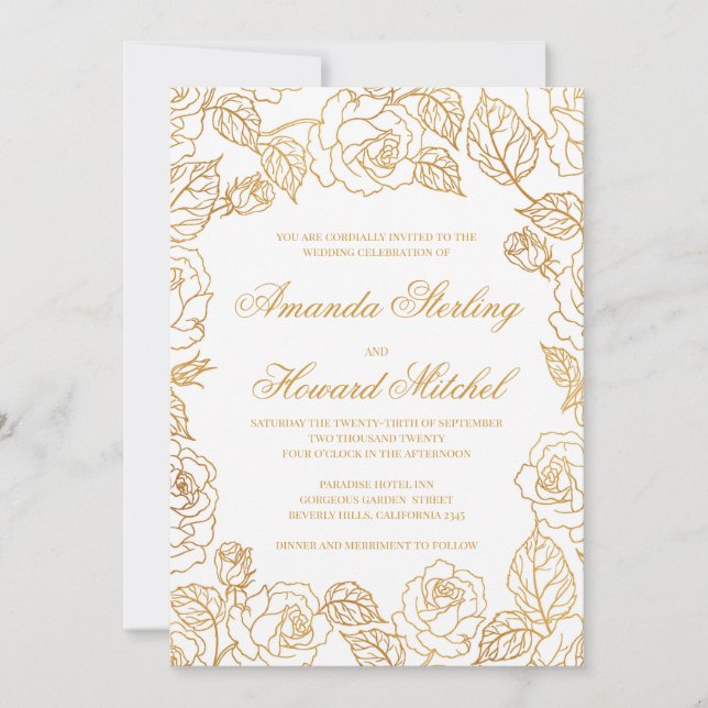 Gold foil roses chic modern elegant wedding invitation (Front)