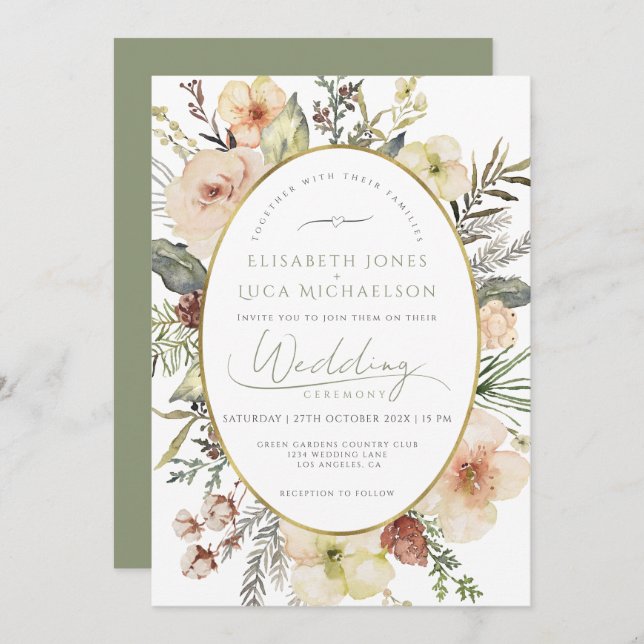 Gold Foil Sage Green Christmas Monogram Wedding Invitation (Front/Back)