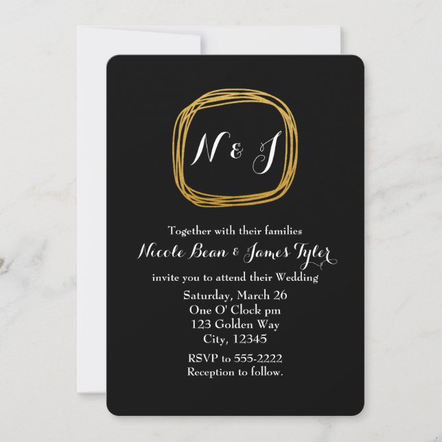 Gold Foil Scribble Circle Chic Wedding Invitations (Front)
