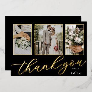 Gold Foil Script 3-Photo Wedding Thank You Card