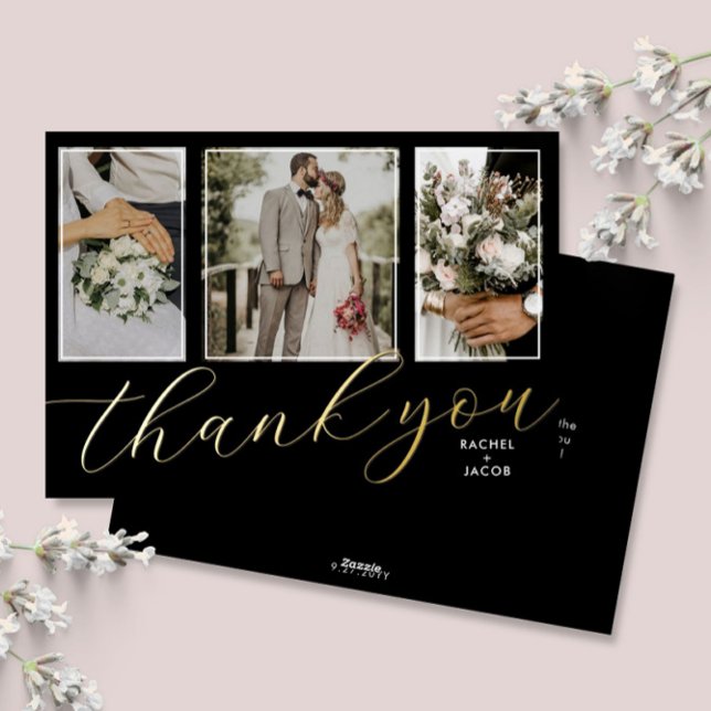 Gold Foil Script 3-Photo Wedding Thank You Card (Creator Uploaded)