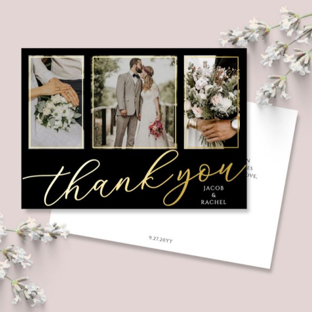 Gold Foil Script 3-Photo Wedding Thank You Card (Creator Uploaded)