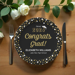 Gold Foil Script Confetti Congrats Grad Black Paper Plate