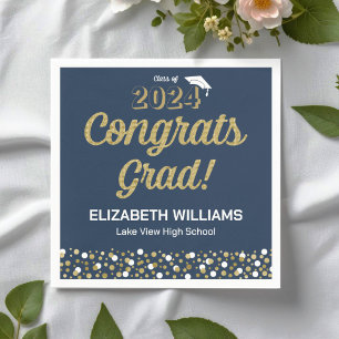 Gold Foil Script Confetti Congrats Grad Blue Napkin