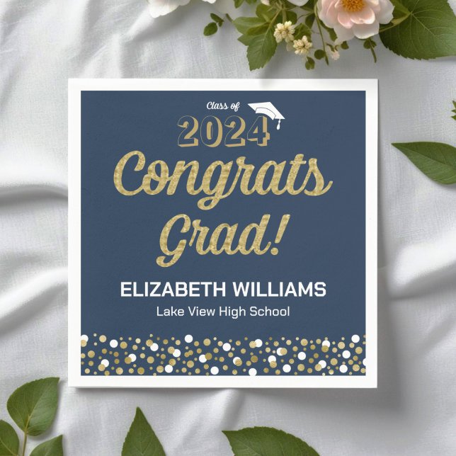 Gold Foil Script Confetti Congrats Grad Blue Napkin (Creator Uploaded)