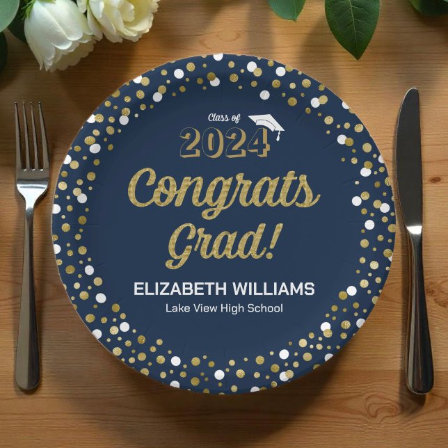 Gold Foil Script Confetti Congrats Grad Blue Paper Plate (Creator Uploaded)