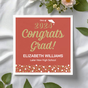 Gold Foil Script Confetti Congrats Grad Red Napkin