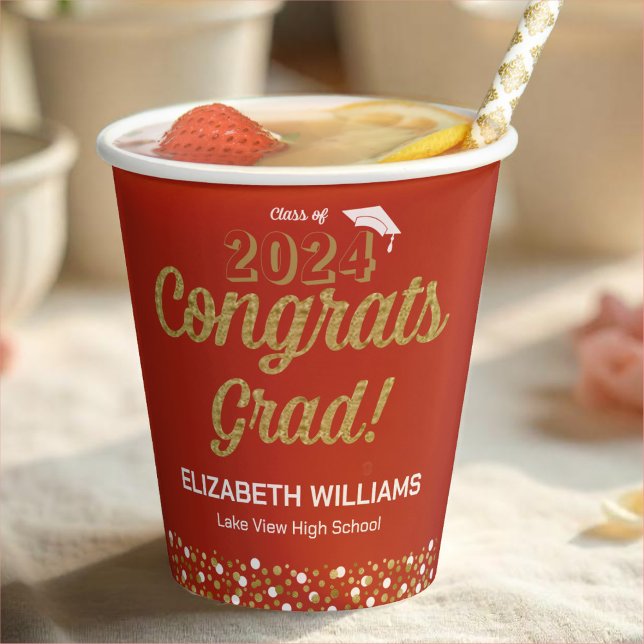 Gold Foil Script Confetti Congrats Grad Red Paper Cups (Creator Uploaded)