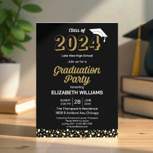 Gold Foil Script Confetti Graduation Party Black  Invitation