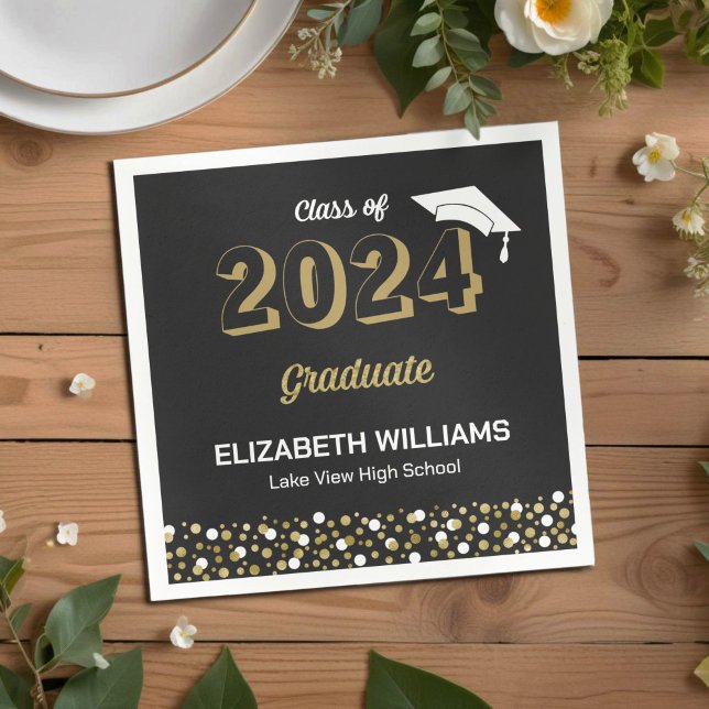 Gold Foil Script Confetti Graduation Party Black Napkin (Creator Uploaded)