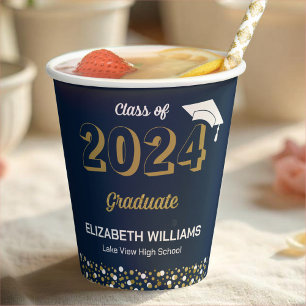 Gold Foil Script Confetti Graduation Party Blue Paper Cups
