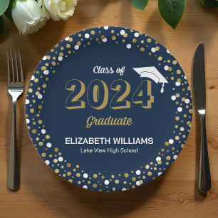 Gold Foil Script Confetti Graduation Party Blue Paper Plate