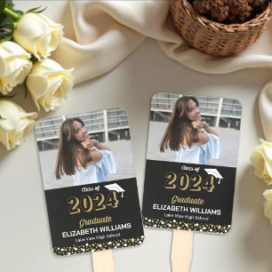 Gold Foil Script Confetti Photo Black Grad Hand Fan