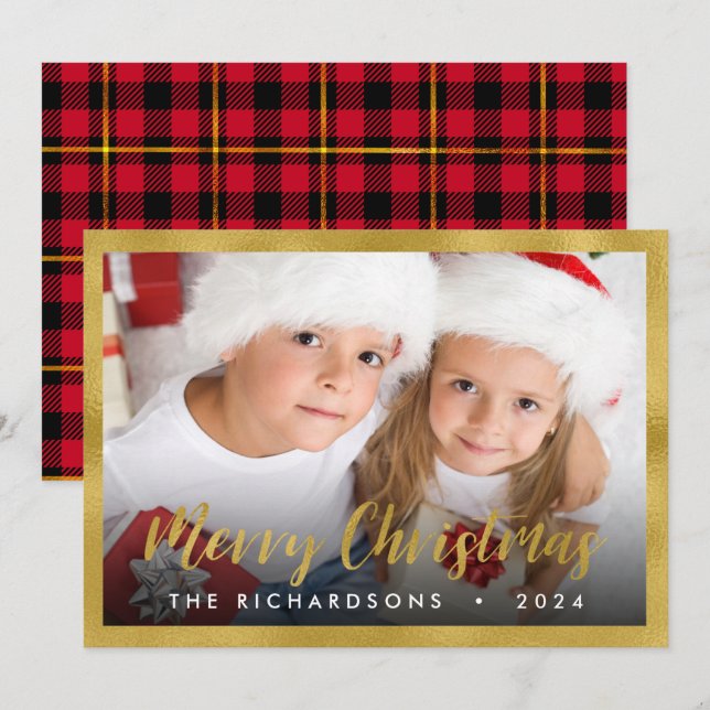 Gold Foil Script Merry Christmas Family Photo Holi Holiday Card (Front/Back)