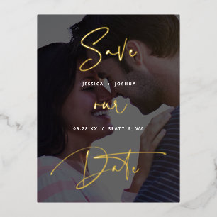 Gold Foil Script Vellum Look Photo Save the Date Invitation Postcard