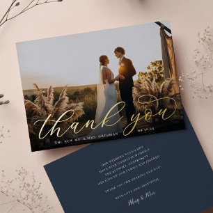 Gold Foil Script Wedding Photo Thank You Card