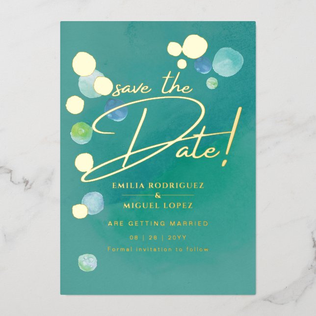Gold Foil Sea Glass Teal Green Wedding Dave Date F (Front)
