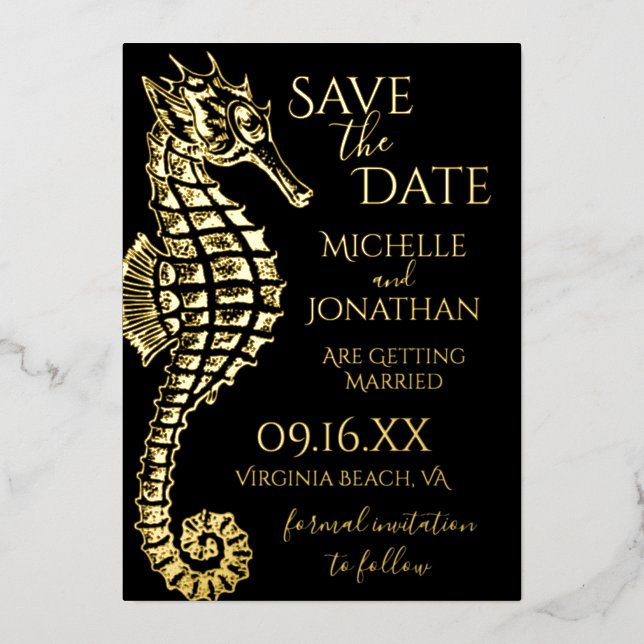 Gold Foil Seahorse Beach Wedding Save the Date (Front)