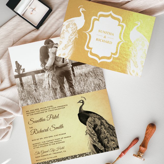 Gold Foil Sepia Peacock Photo Wedding Invitation (Creator Uploaded)