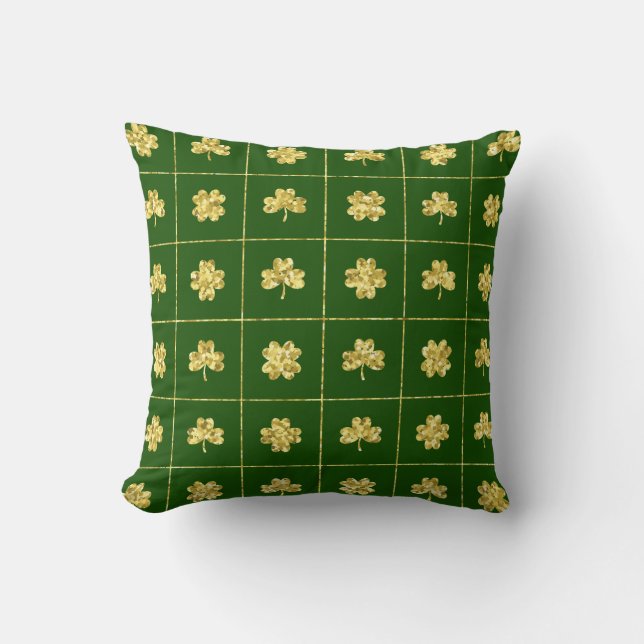 Gold Foil Shamrock Green Grid Pattern Cushion (Front)