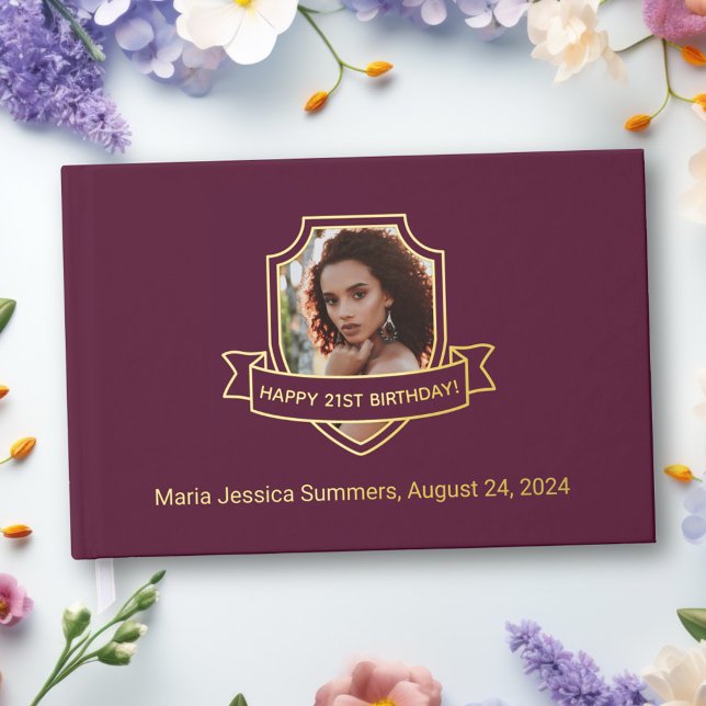 Gold Foil Shield on Burgundy Photo Birthday Guest Book (Creator Uploaded)