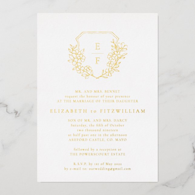 Gold Foil Simple Cherry Blossoms Crest Monogram  (Front)