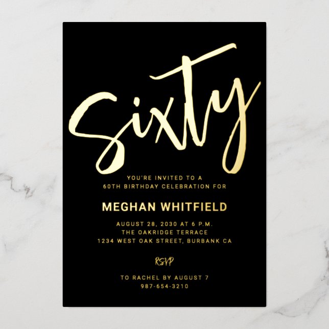 Gold Foil Sixty Script Black 60th Birthday Party (Front)