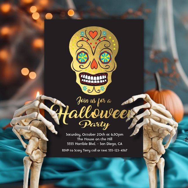 Gold Foil Skull Halloween Party invitations (Creator Uploaded)