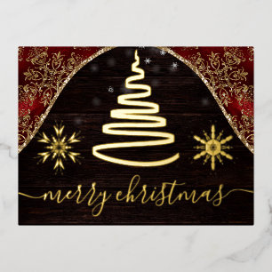 Gold Foil Snowflakes and festive tree Christmas Holiday Postcard