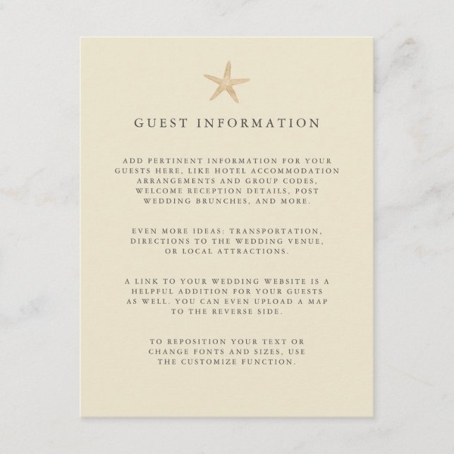 Gold foil Starfish coastal wedding guest Details Enclosure Card (Front)