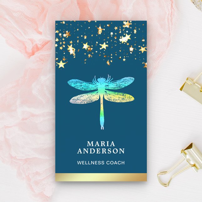 Gold Foil Stars Confetti Blue Dragonfly Business Card (Creator Uploaded)