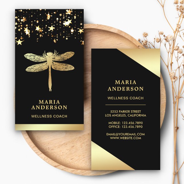 Gold Foil Stars Confetti Gold Dragonfly Business Card (Creator Uploaded)