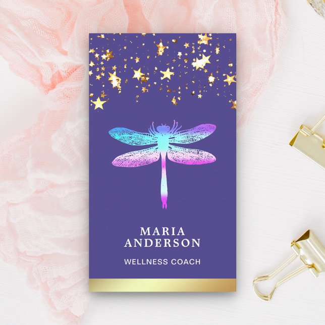 Gold Foil Stars Confetti Purple Dragonfly Business Card (Creator Uploaded)