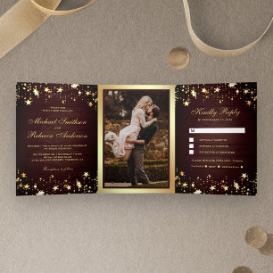 Gold Foil Stars Confetti Rustic Barn Wood Wedding Tri-Fold Invitation