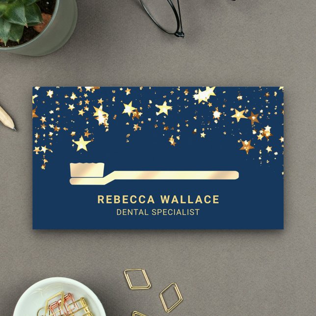 Gold Foil Stars Cream Gold Toothbrush Dentist Business Card (Creator Uploaded)