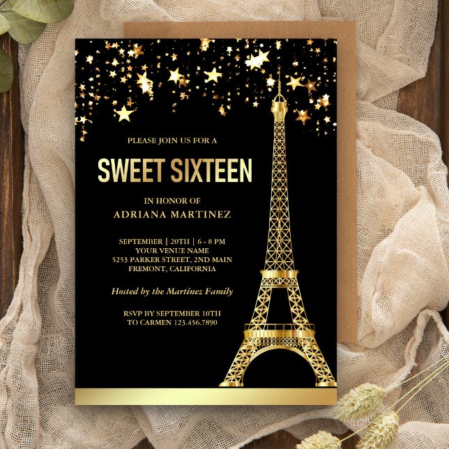Gold Foil Stars Eiffel Tower Black Sweet Sixteen Invitation (Creator Uploaded)
