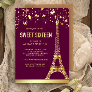 Gold Foil Stars Eiffel Tower Pink Sweet Sixteen Invitation