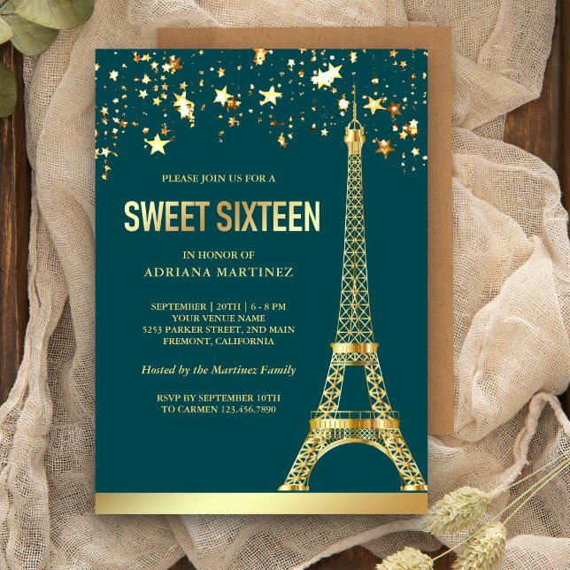 Gold Foil Stars Eiffel Tower Teal Sweet Sixteen Invitation (Creator Uploaded)