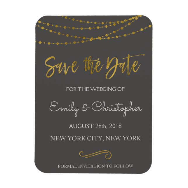 Gold Foil String Lights and Script Save the Date Magnet (Vertical)