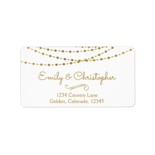 Gold Foil String Lights and Script Wedding Label