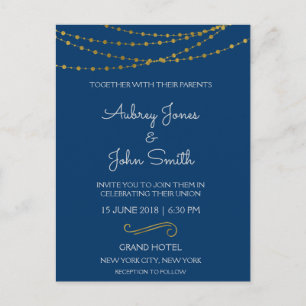 Gold Foil String Lights and Script Wedding Postcard