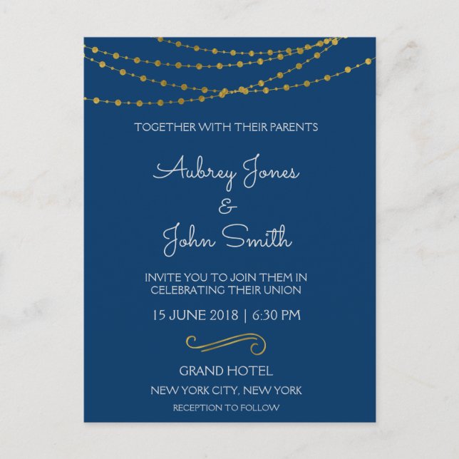 Gold Foil String Lights and Script Wedding Postcard (Front)