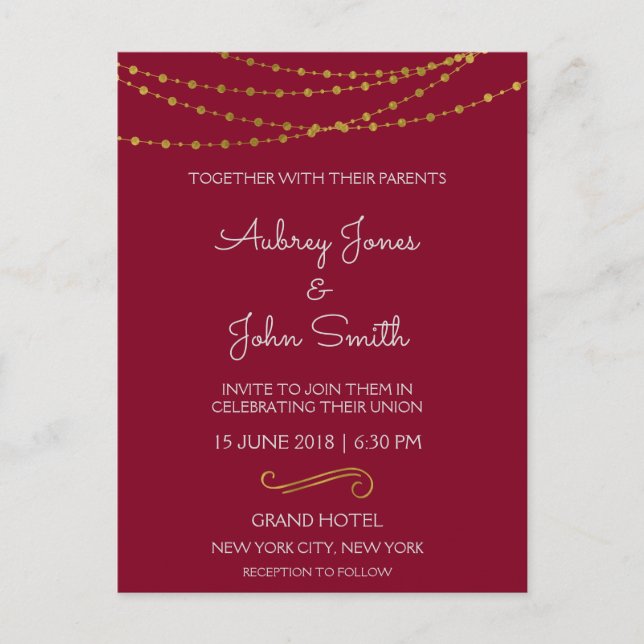 Gold Foil String Lights and Script Wedding Postcard (Front)