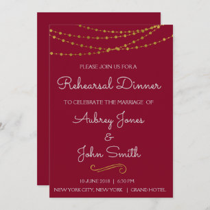 Gold Foil String Lights & Script Rehearsal Dinner Invitation