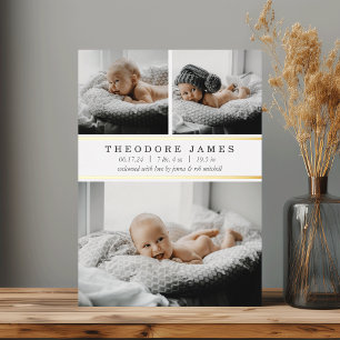 Gold Foil Stripe 3 Photo Birth Announcement