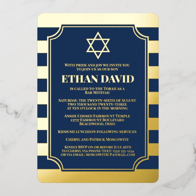 Gold Foil Striped Bar Mitzvah Invite with Star (Front)