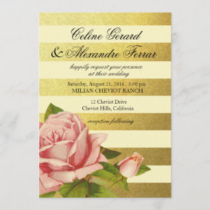Gold Foil Striped Vintage Floral gold ivory Invitation