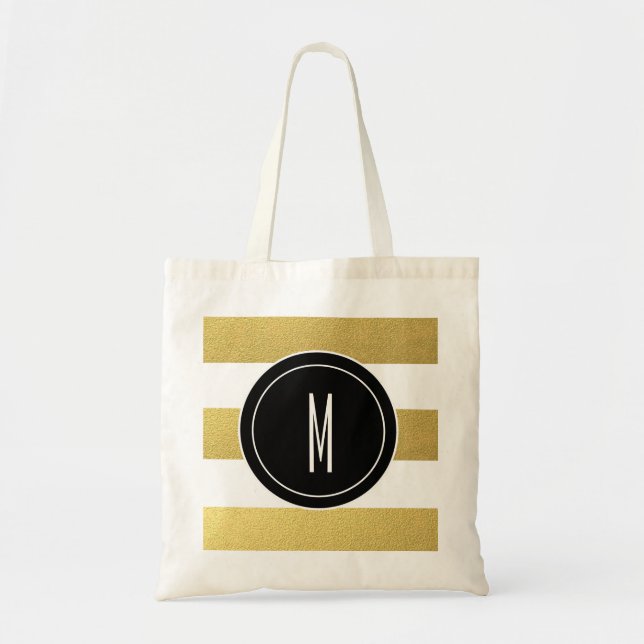 GOLD FOIL STRIPES | BLACK MONOGRAM TOTE BAG (Front)