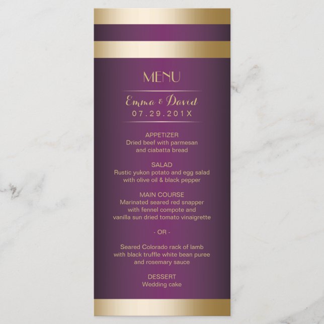 Gold Foil Stripes Elegant Purple Wedding Menu (Front)